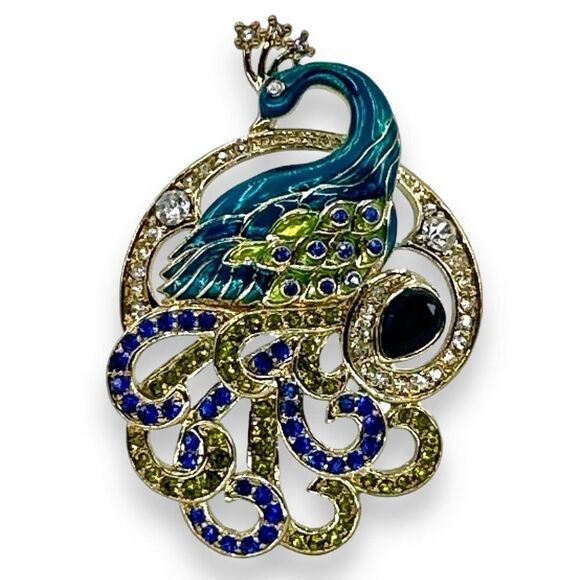 Peacock Blue Enamel Rhinestones Pendant Marked CHMF - Picture 2 of 5